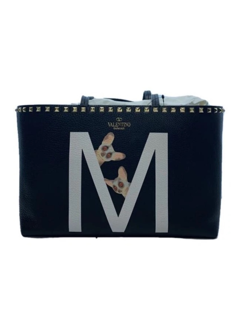 Valentino Garavani Black Tote with White 'M' Graphic and Gold Stud Trim
